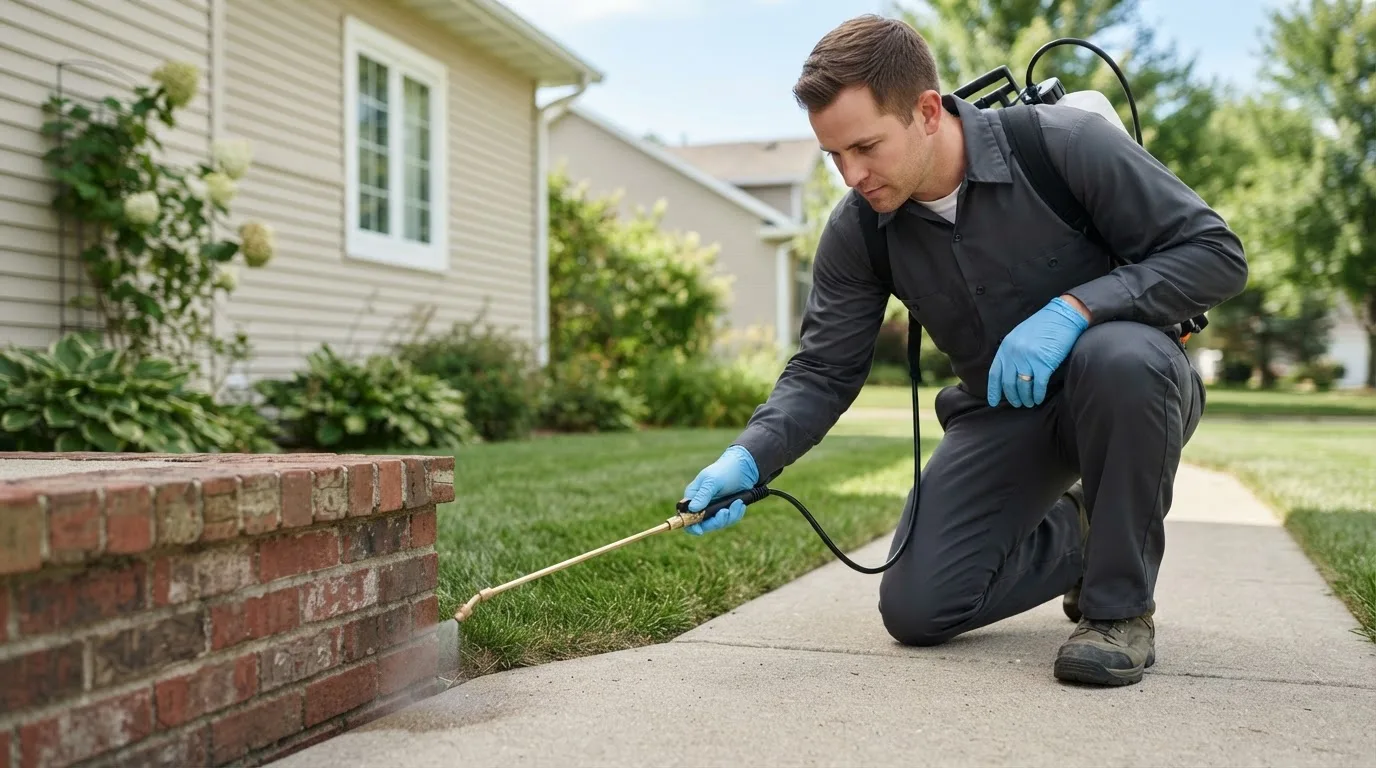 Pest control technician treating a home near Romeoville, IL