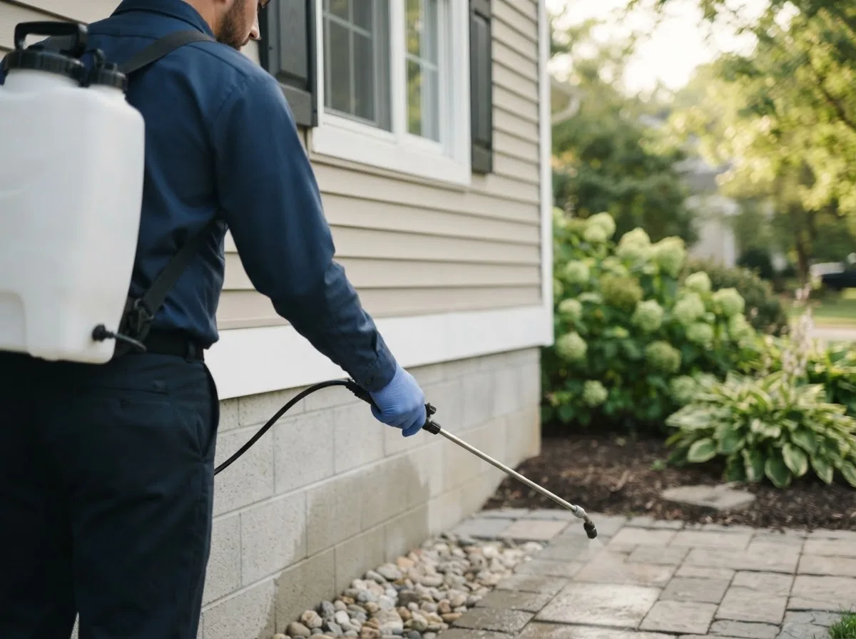 Pest control technician inspecting a home in Romeoville, IL